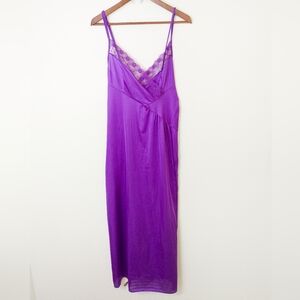 Vintage Undercover Wear Nightgown Large Purple Nylon Maxi Side Slit Lace Trim